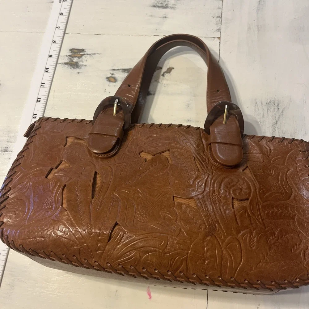 via spiga bag Satchel Brown With Cut Out Designs Leather